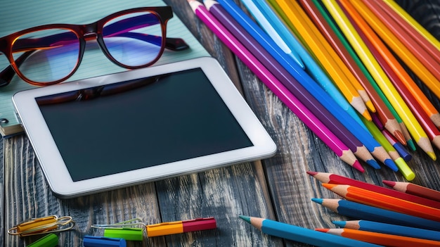 Photo un bureau moderne avec une tablette numérique, un bloc-notes, des crayons colorés, des lunettes le matin.