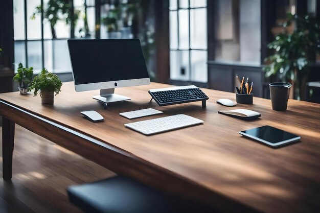 Un bureau avec un moniteur, un clavier et un moniteur