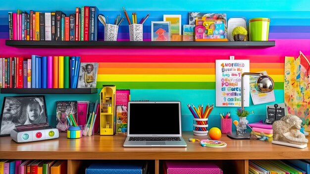 Un bureau avec un mur arc-en-ciel dans la chambre des enfants