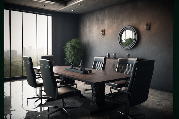 Un bureau noir et blanc avec un miroir rond et une table en bois avec des chaises en cuir.