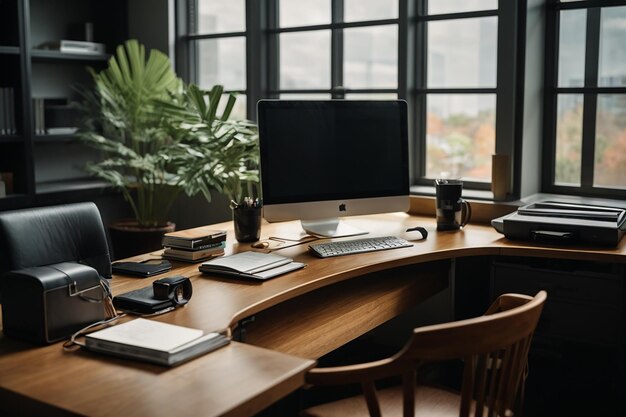 Bureau avec ordinateur et chaise de bureau