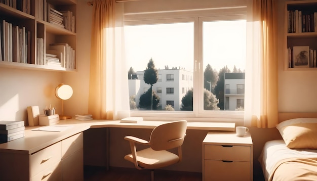 un bureau d'ordinateur avec une chaise rose et un moniteur dessus