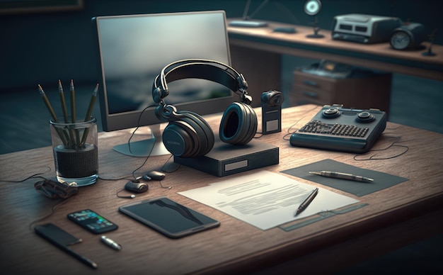 Un bureau avec un ordinateur, un clavier, un stylo, un stylo et une paire d'écouteurs dessus.