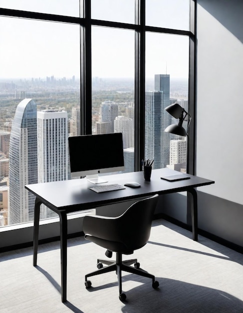 un bureau d'ordinateur dans un bureau avec une vue sur une ville