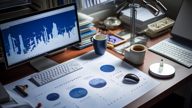 un bureau d'ordinateur dans un espace de travail bleu dans le style de visualisation de données blanc clair et ambre industrialisme urbain diagrammes scientifiques