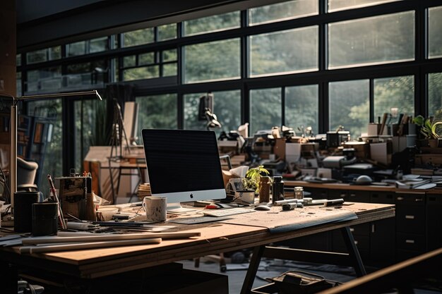 Photo un bureau avec un ordinateur sur le dessus