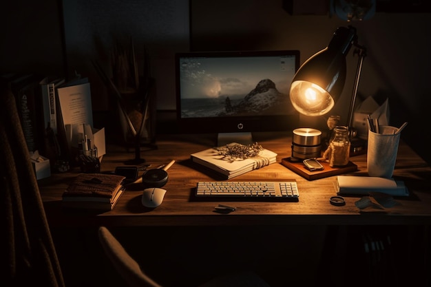 Un bureau avec un ordinateur et une lampe qui dit hp dessus