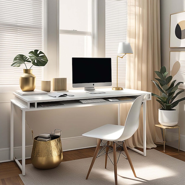 un bureau d'ordinateur avec une plante sur la table et une chaise