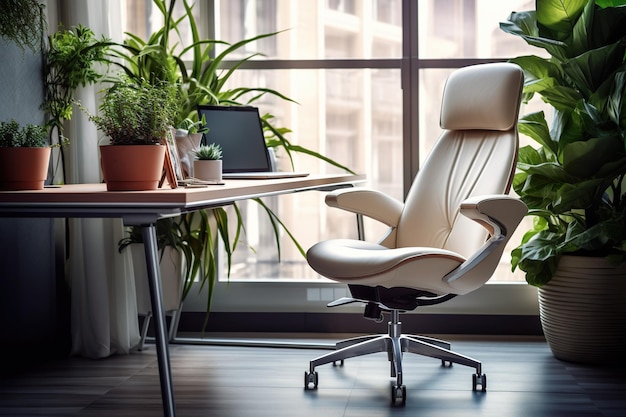 Un bureau avec un ordinateur portable et une chaise devant une fenêtre Image AI générative