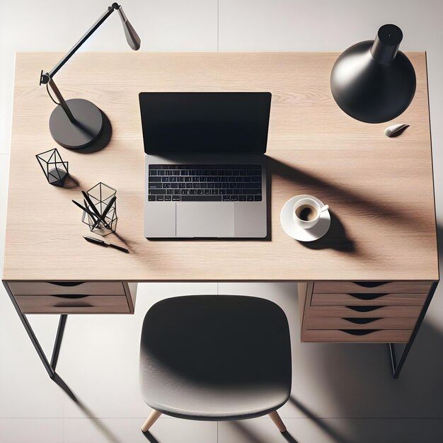 Photo bureau avec ordinateur portable gris et lampe