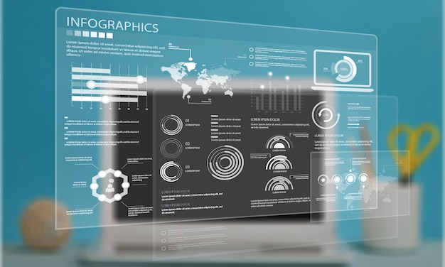 Bureau avec l'ordinateur portable avec illustration infographique