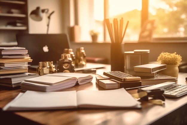 Bureau avec un ordinateur portable livres et calculatrice