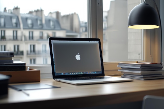 Un bureau avec un ordinateur portable, des livres et une lampe