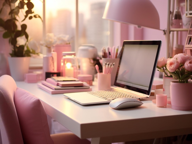 un bureau avec un ordinateur portable, des livres et une lampe