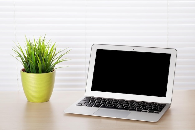 Bureau avec ordinateur portable et plante