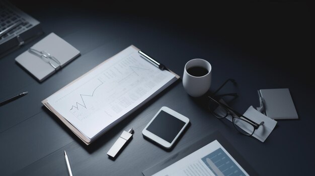 Un bureau avec un ordinateur portable, une tasse de café, un ordinateur portable et une tablette.