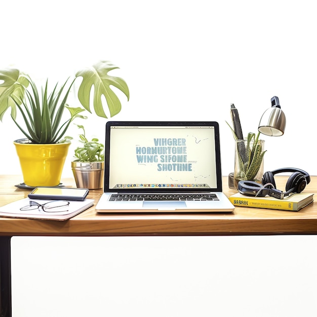 bureau avec ordinateur portable un téléphone une petite plante un stylo papier peint