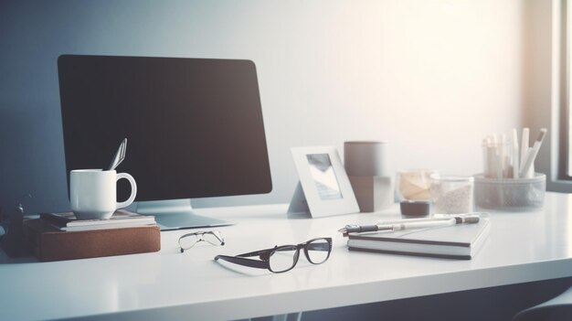 Un bureau avec un ordinateur, une tasse de café, un livre et un stylo dessus.