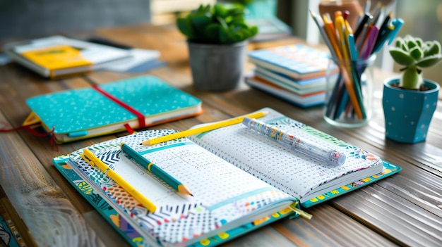 Photo un bureau organisé avec une variété de cahiers colorés, de crayons et d'une plante