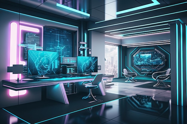 Un bureau ouvert futuriste avec des fonctionnalités high-tech telles que des tableaux holographiques et des expériences de réalité virtuelle immersives