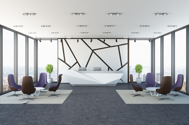 Photo bureau panoramique moderne aux murs blancs avec un motif géométrique, une réception et deux ensembles de fauteuils et de tables dans une salle d'attente. maquette de rendu 3d