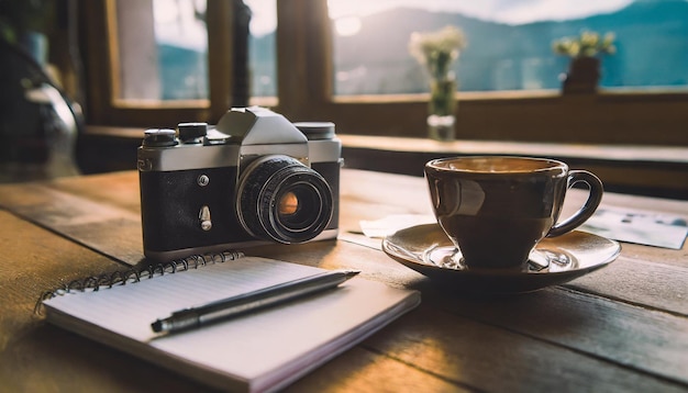 Le bureau d'un photographe buvant du café et écrivant.