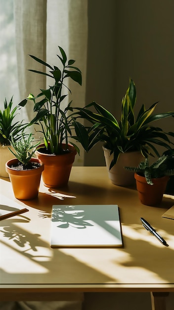 un bureau avec des plantes en pot et un stylo sur la table