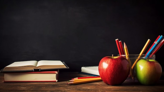 Un bureau avec une pomme rouge et des crayons dessus