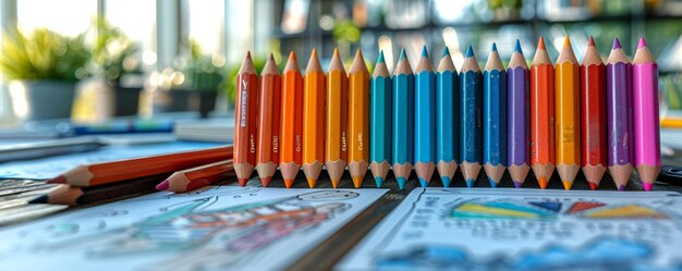 Un bureau propre avec des cahiers et des crayons pour le papier peint