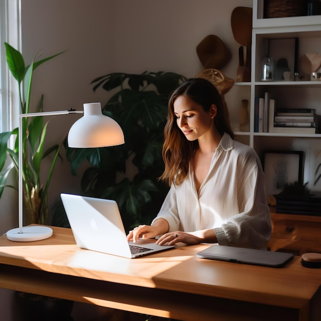 bureau propre avec ordinateur portable et femme en train de taper