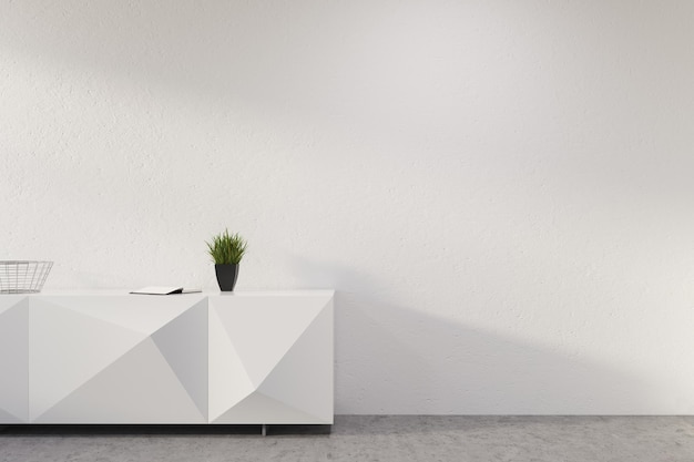 Bureau de réception original blanc avec une plante en pot debout dans une pièce vide avec des murs blancs et un sol en béton. maquette de rendu 3d