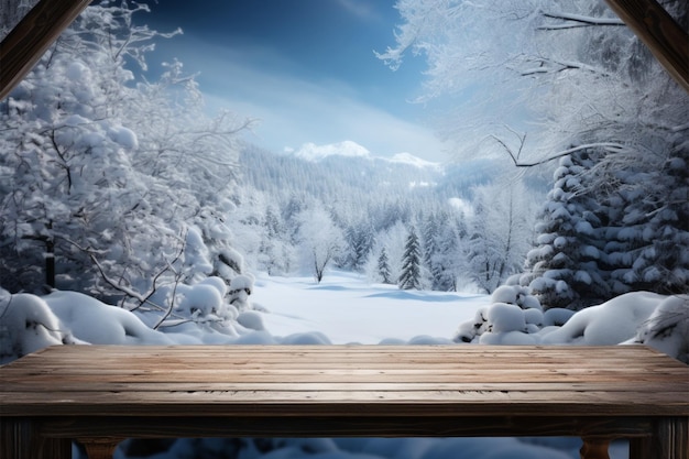 Bureau recouvert de flocons de neige avec en toile de fond un paysage hivernal pittoresque