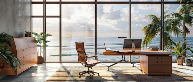 Bureau réglable avec vue sur la nature à travers de grandes fenêtres
