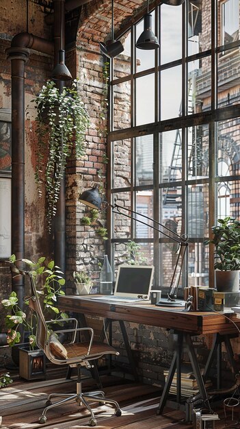 Bureau réglable avec vue sur la nature à travers de grandes fenêtres