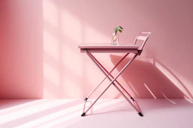 Un bureau rose avec une plante verte dessus