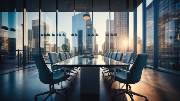 Bureau salle de réunion intérieur en verre segmenté avec grande fenêtre Une grande salle de conférence