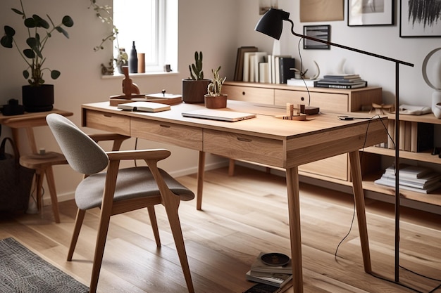 Bureau Scandinave Pour Poste De Travail à Domicile Un Bureau En Bois Avec  Une Chaise Blanche Et Une Lampe Au Mur