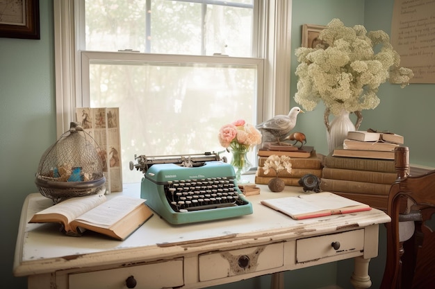 Bureau shabby chic avec vieux livres de machine à écrire vintage et touches florales