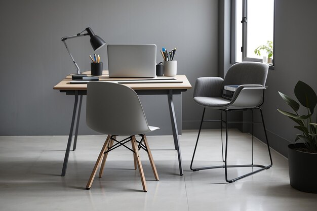 Bureau simple avec chaise et ordinateur portable gris