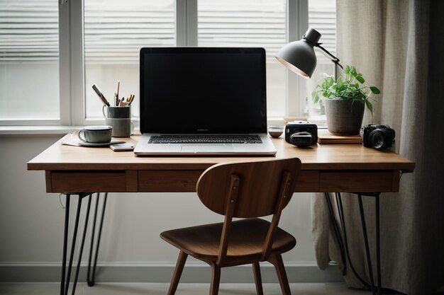 Bureau simple avec chaise et ordinateur portable gris