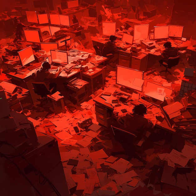 Un bureau sinistre, un espace de travail apocalyptique, un chaos.