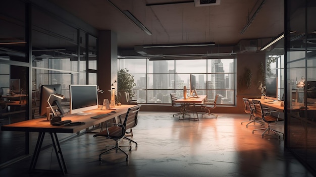 Un bureau sombre avec vue sur les toits de la ville