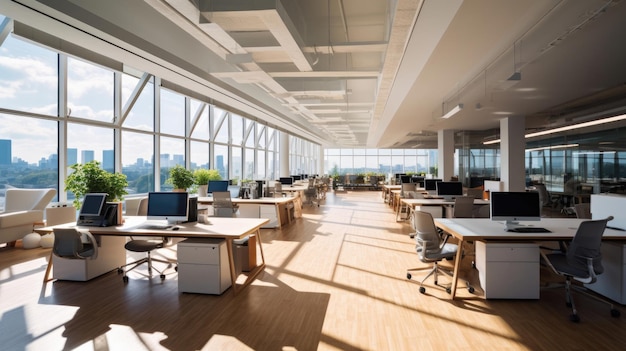 Un bureau spacieux rempli de rangées de bureaux et de chaises