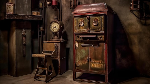 Bureau Steampunk immersif avec horloge et lampe rouillées
