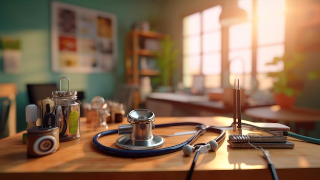 Un bureau avec un stéthoscope et une bouteille de fournitures médicales dessus.