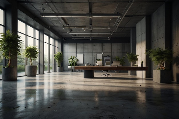 Bureau de style moderne avec un sol en béton apparenté et beaucoup de plantes