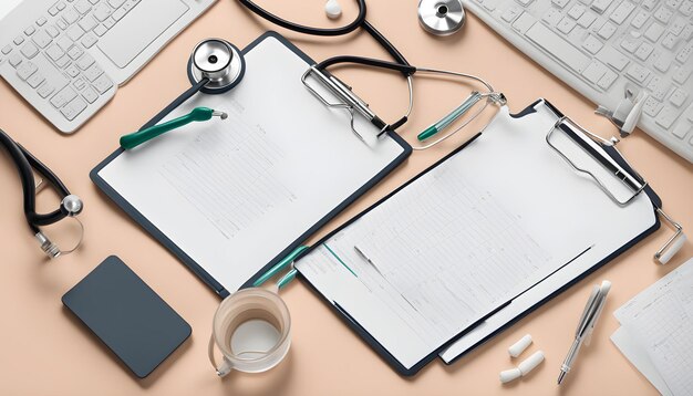 un bureau avec un stylo vert un stylo et un bloc-notes avec un crayon dessus