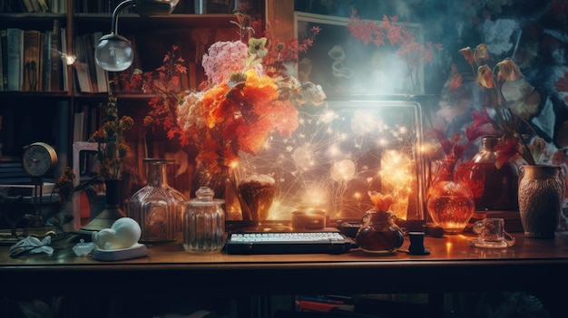 Un bureau surmonté d'un ordinateur portable à côté d'un bouquet de fleurs