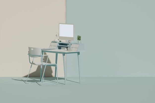 Bureau de table de bureau minimal monochrome vert pastel avec pot de plante rendu 3d