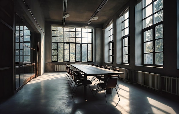 Un bureau avec une table de conférence et des chaises à côté d'une importante fenêtre